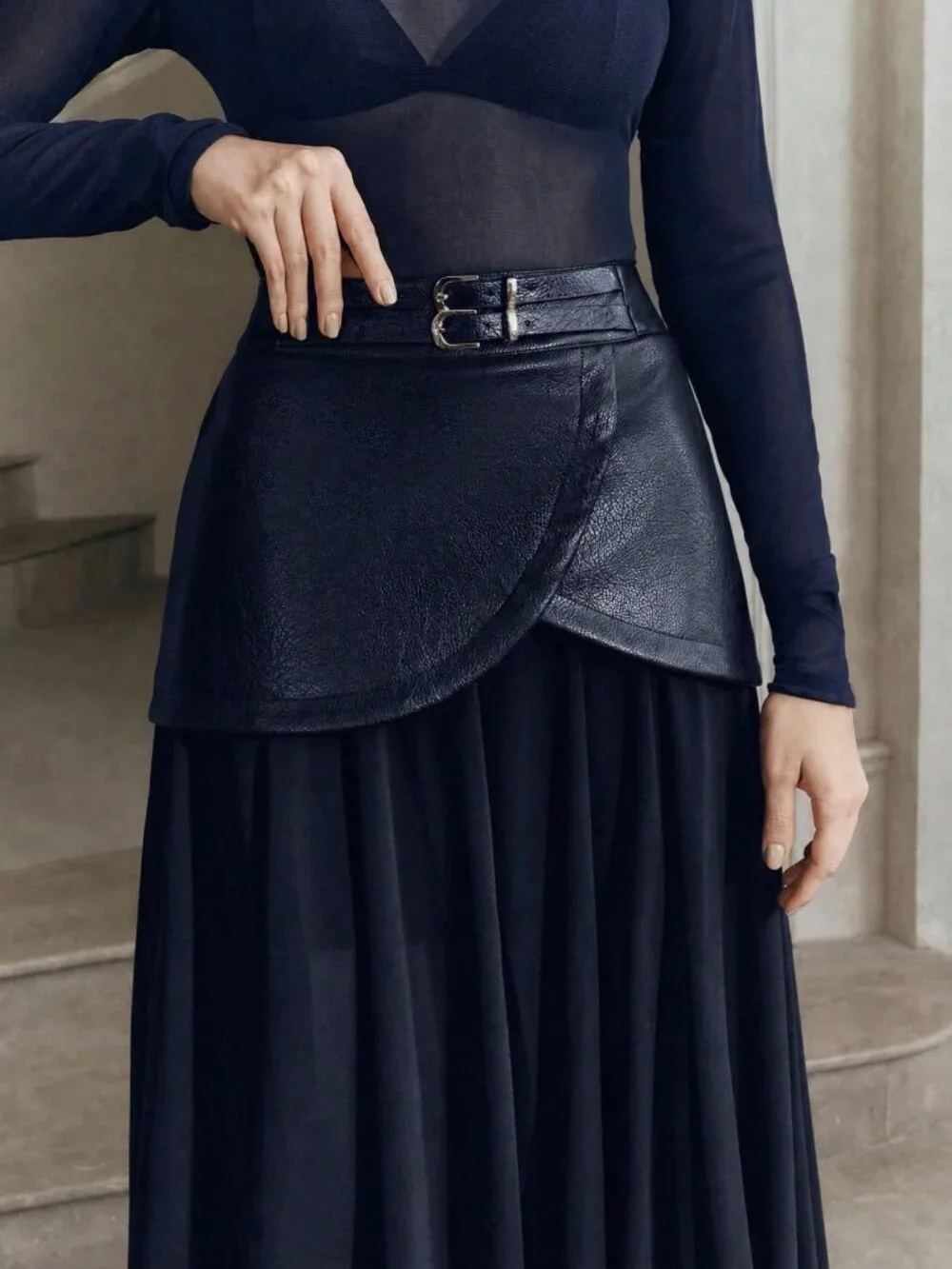 Navy Blue Casual Women's Scallop Belted Draped Flared Chiffon Long Skirt